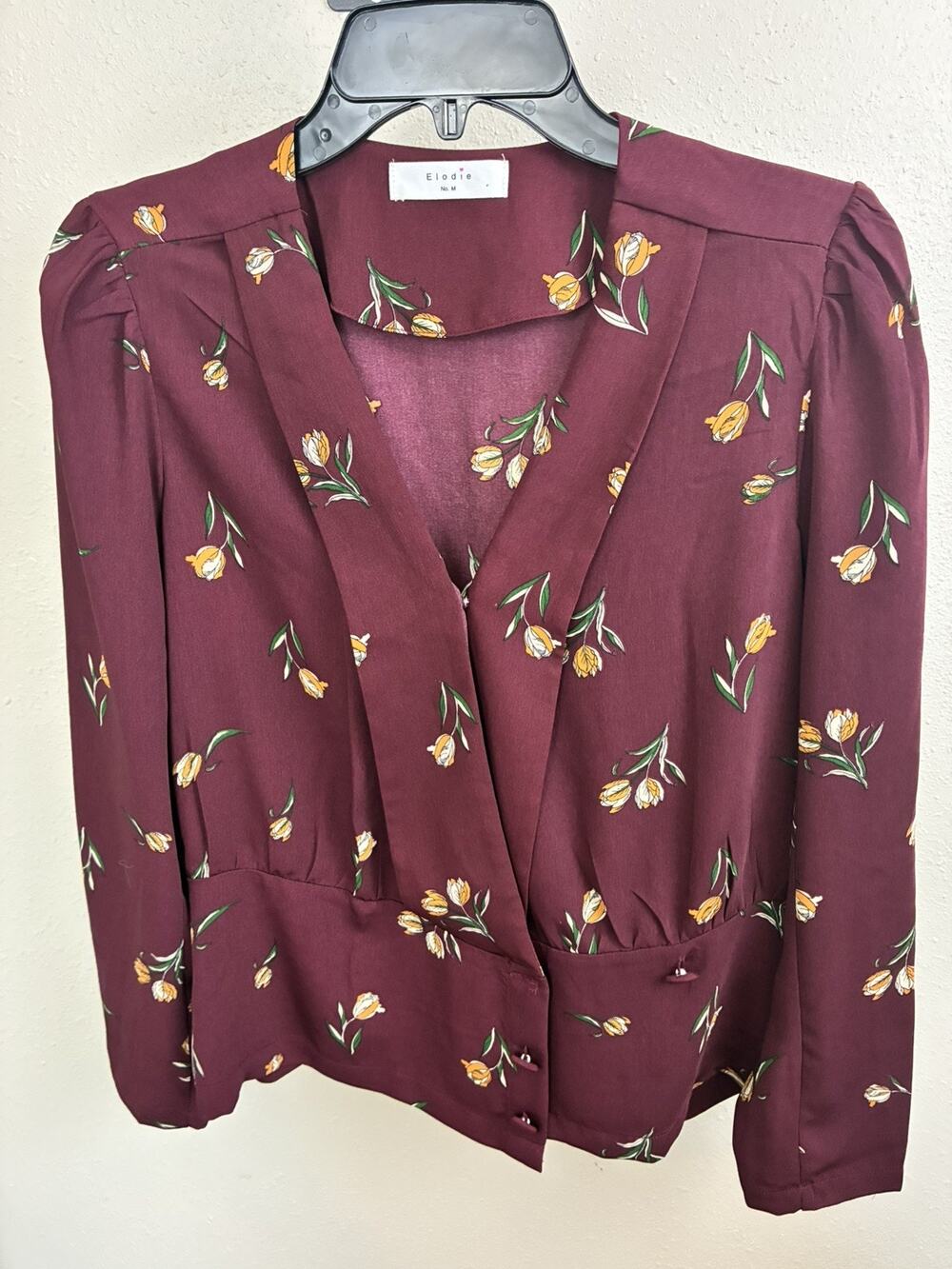 Elodie M Floral Tulip Blouse Long Sleeve Maroon Elegant Wrap Front